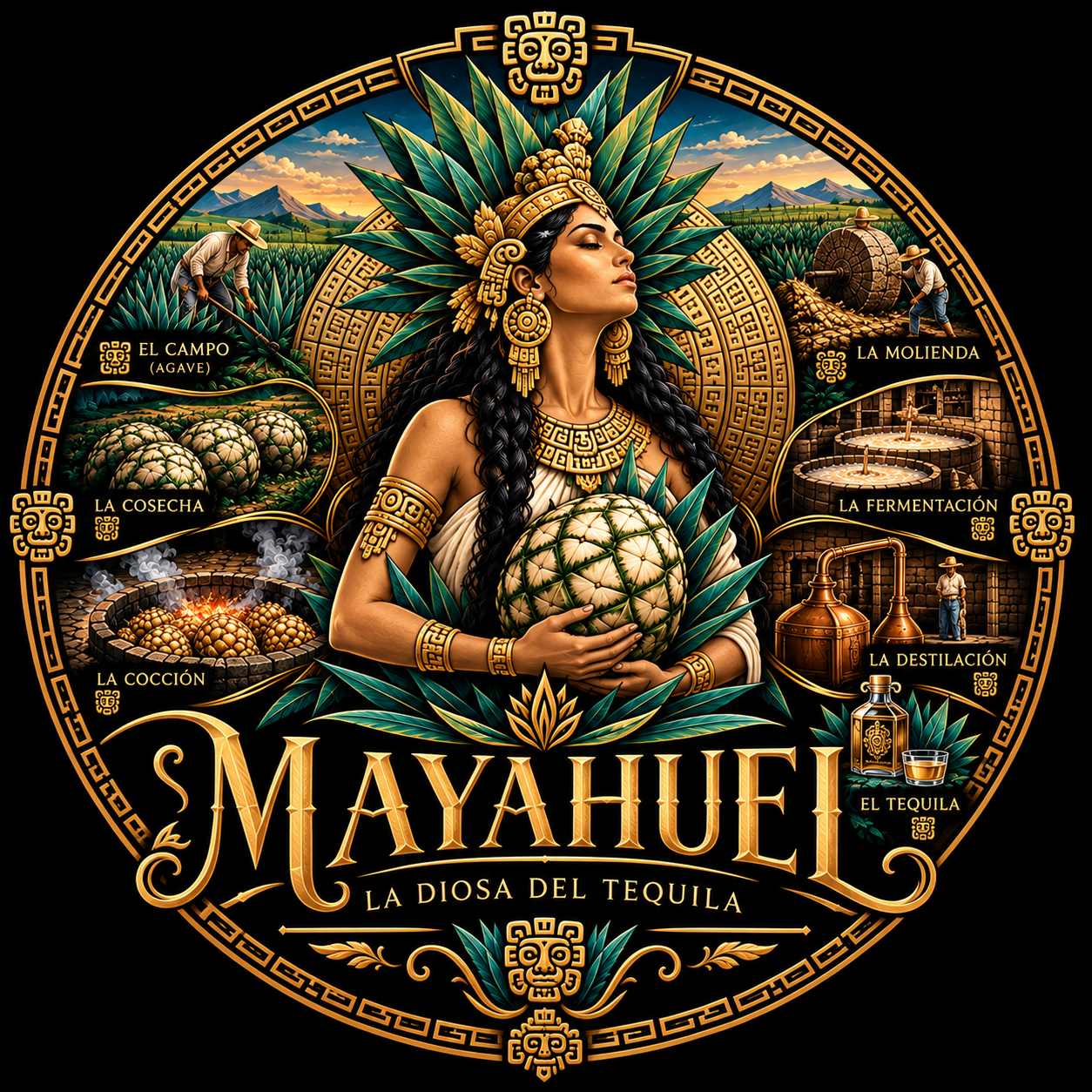 Mayahuel, La Diosa del Tequila — illustration of the goddess holding an agave heart, surrounded by the stages of tequila making